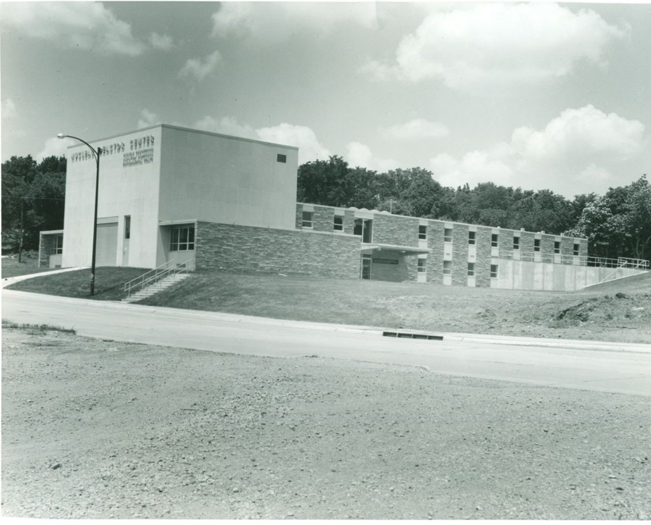 Black and white photograph of the Nuclear Reactor Center, Burt Hall, at the University of Kansas in Lawrence, in the 1960s
